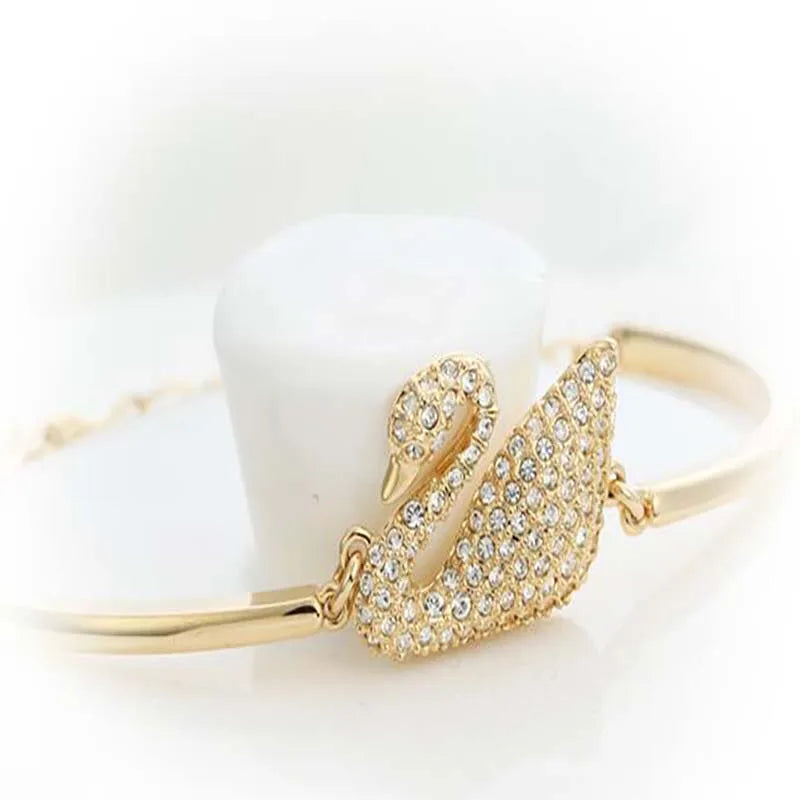 Gold Swan Charm Bangle with Zircon Accents
