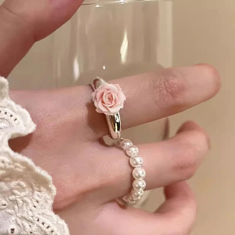 Pearl Rose Ring, 3D Pink Flower Statement Ring