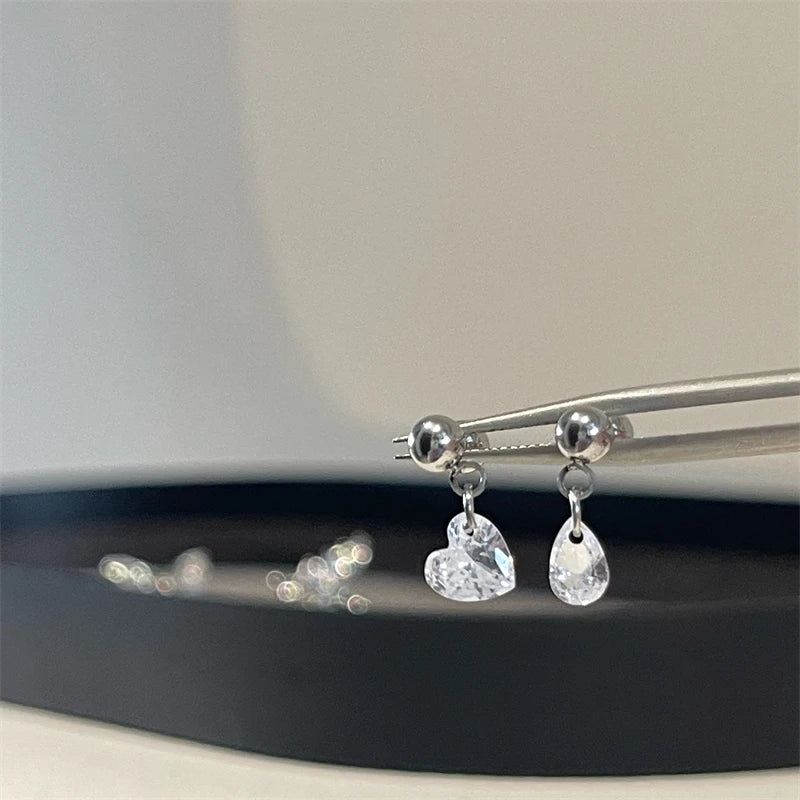 Heart Stud Earrings with Clear Zircon, Stainless Steel