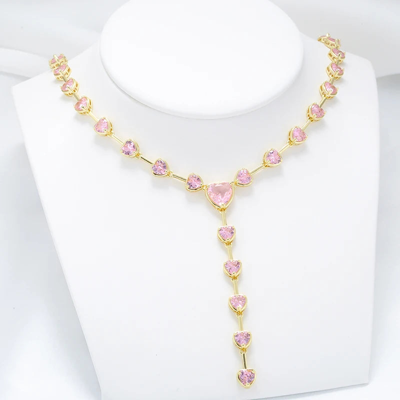 Pink Heart Necklace Set, CZ Stones, Gold Tone (Necklace + Bracelet)