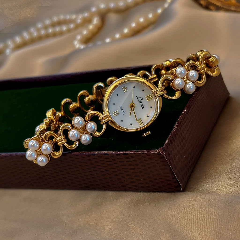 Gold Pearl Dial Women’s Watch, Retro Round Quartz