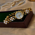 Gold Pearl Dial Women’s Watch, Retro Round Quartz