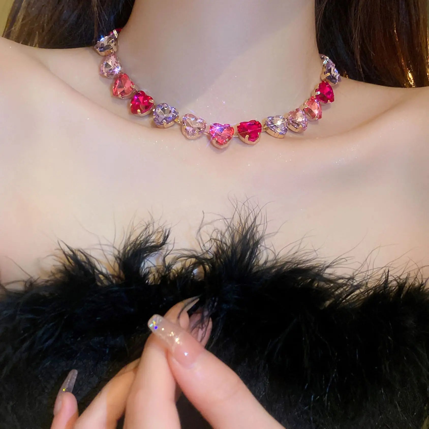 Pink Heart Crystal Dainty Choker Necklace