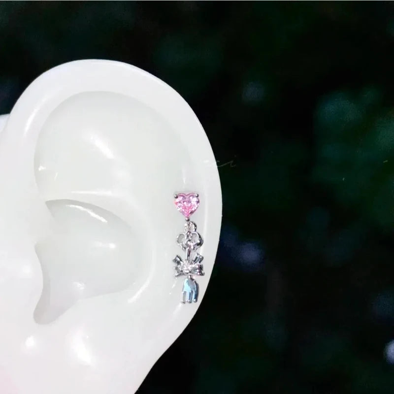 Cute Pink Stud Earrings, Rhinestone Cross Screw Back