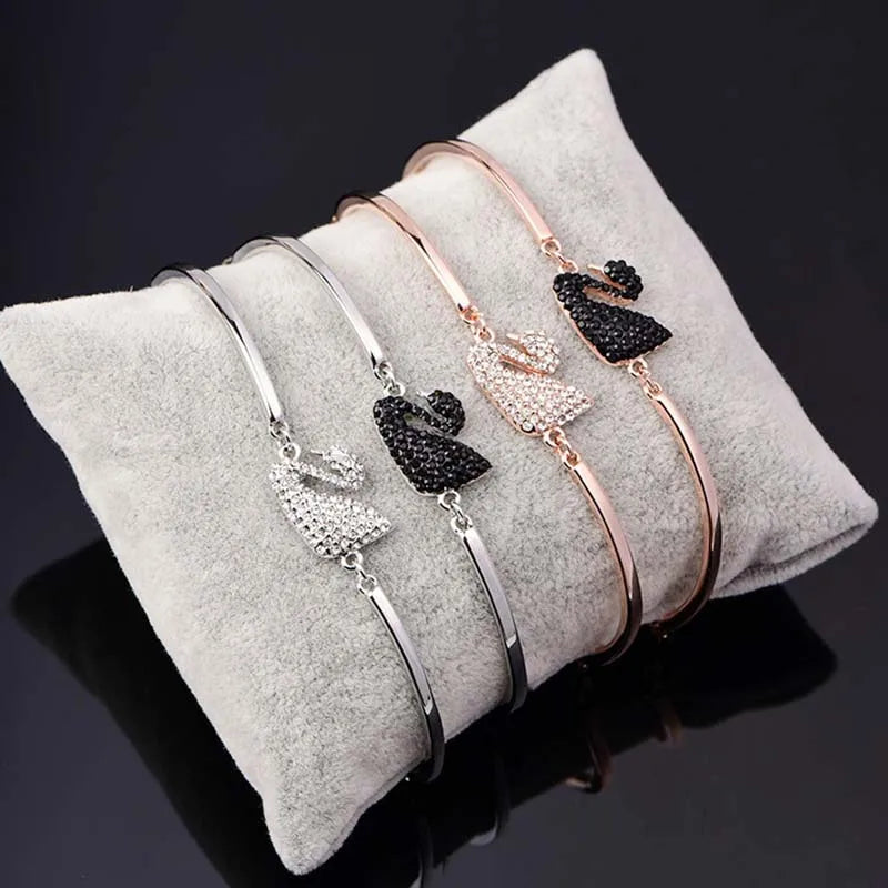 Gold Swan Charm Bangle with Zircon Accents