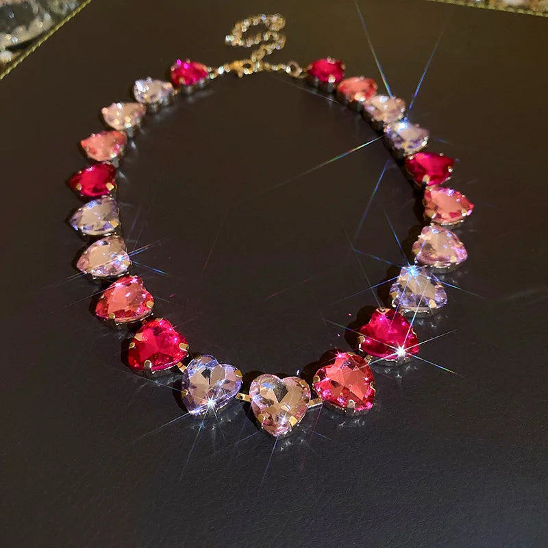 Pink Heart Crystal Dainty Choker Necklace