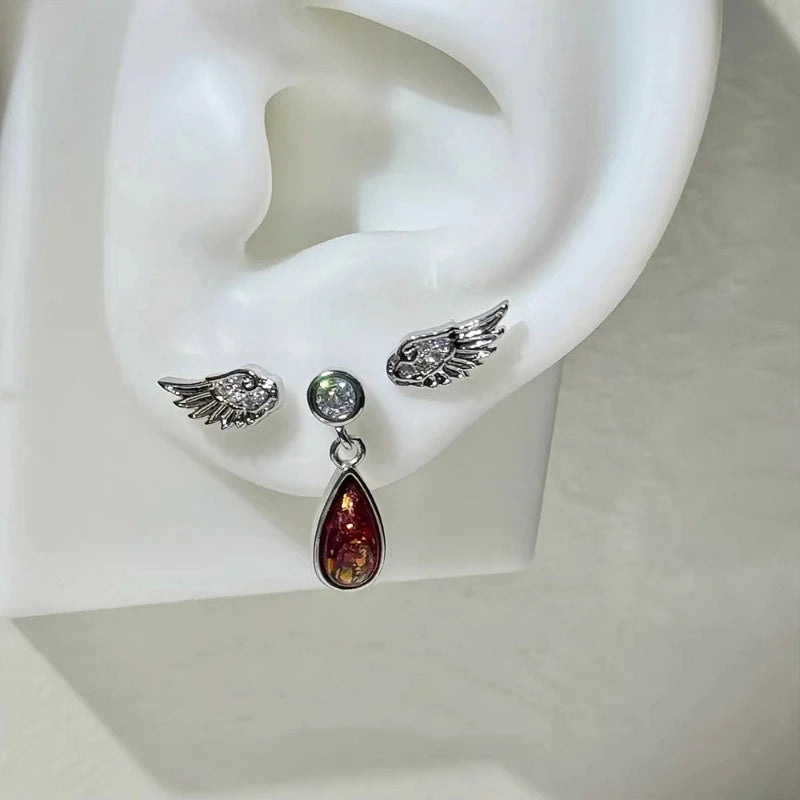 Angel Wing Earrings, Double Piercing Stud (Screw-Back)