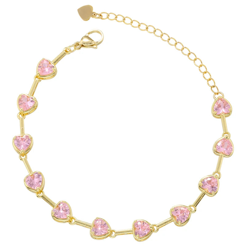 Pink Heart Necklace Set, CZ Stones, Gold Tone (Necklace + Bracelet)