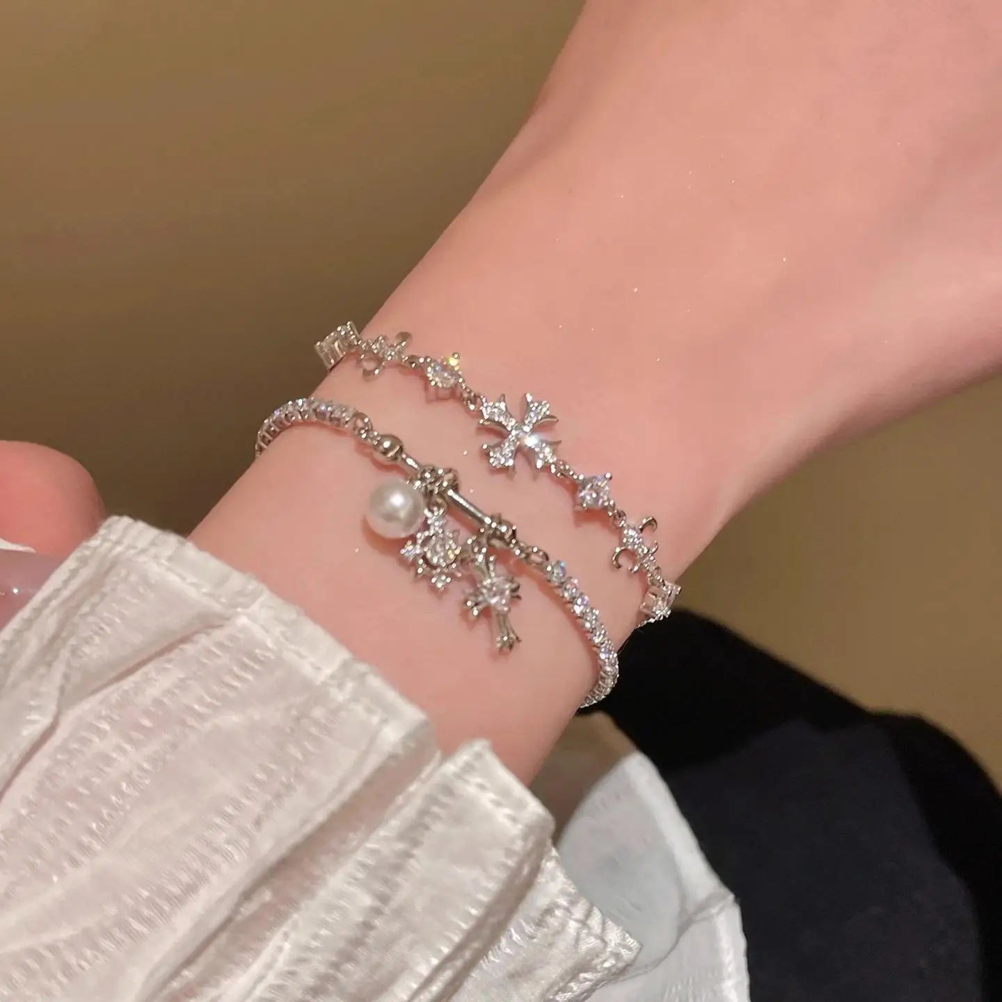 Pearl & Zircon Cross Charm Bracelet for Women