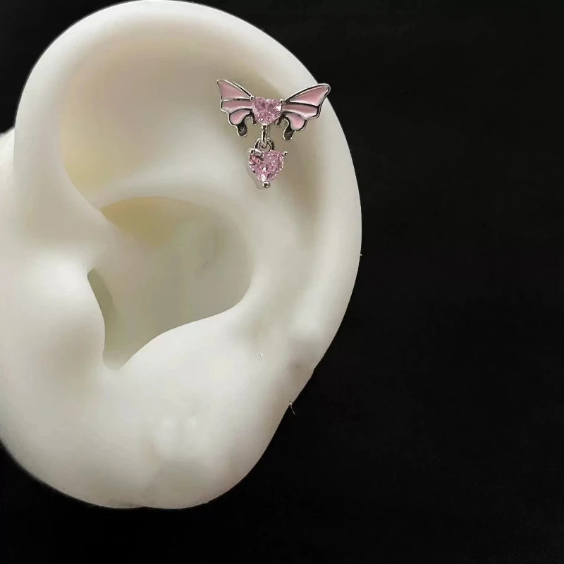 Cute Pink Stud Earrings, Rhinestone Cross Screw Back