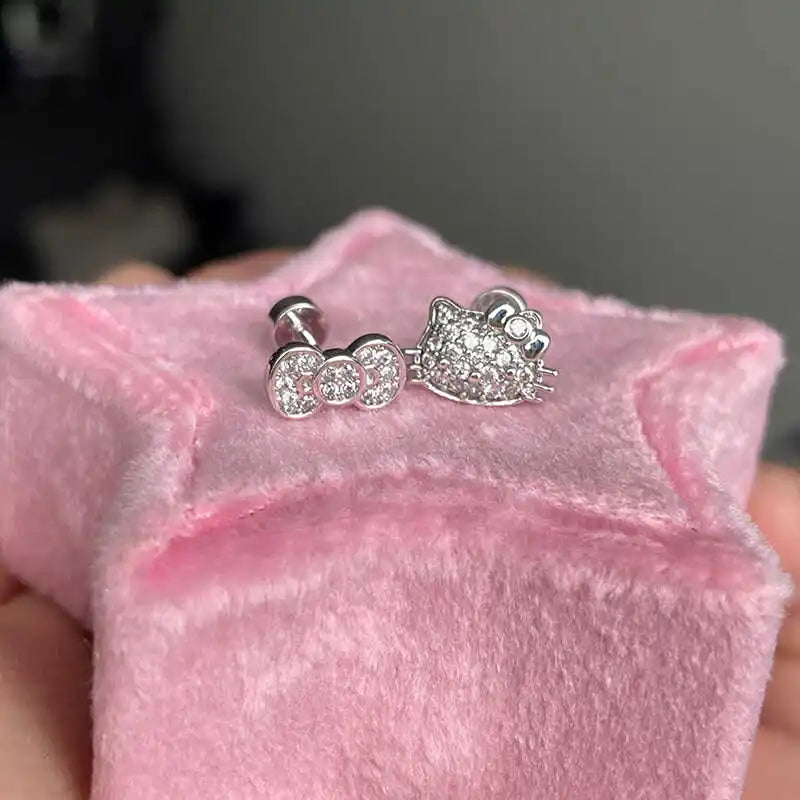 Rhinestone Cat Ear Stud Earrings with Screw Backs