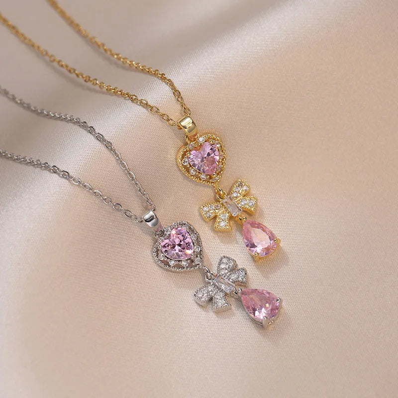 Bow Heart Necklace Pendant with Zircon and Stainless Steel Chain