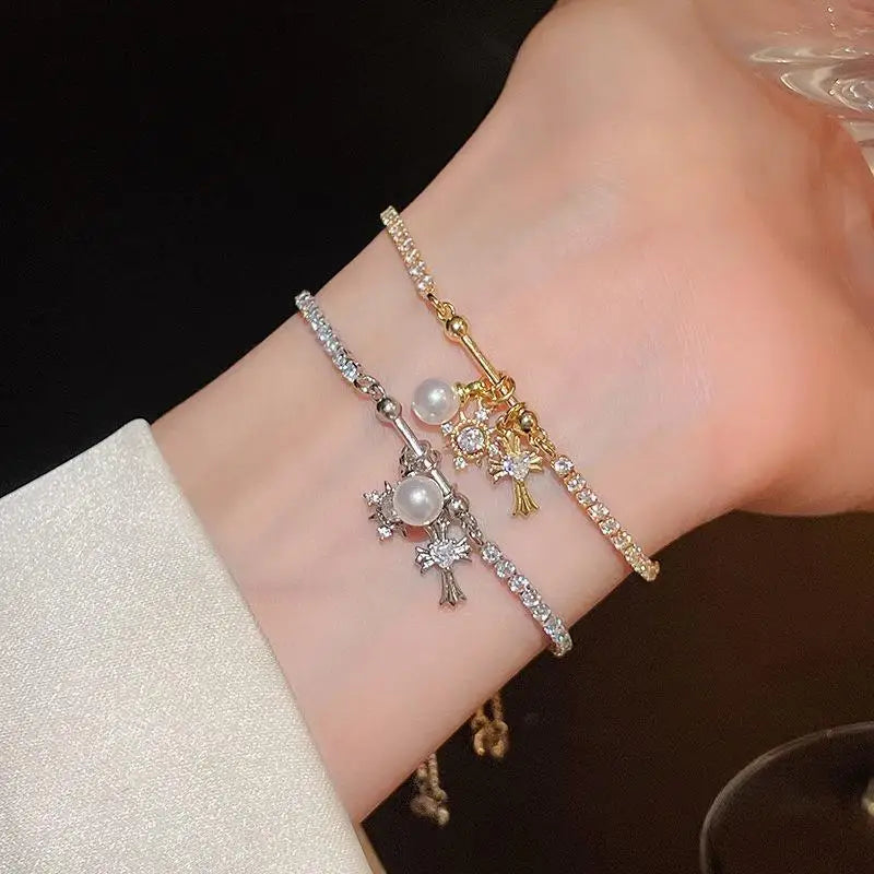 Pearl & Zircon Cross Charm Bracelet for Women
