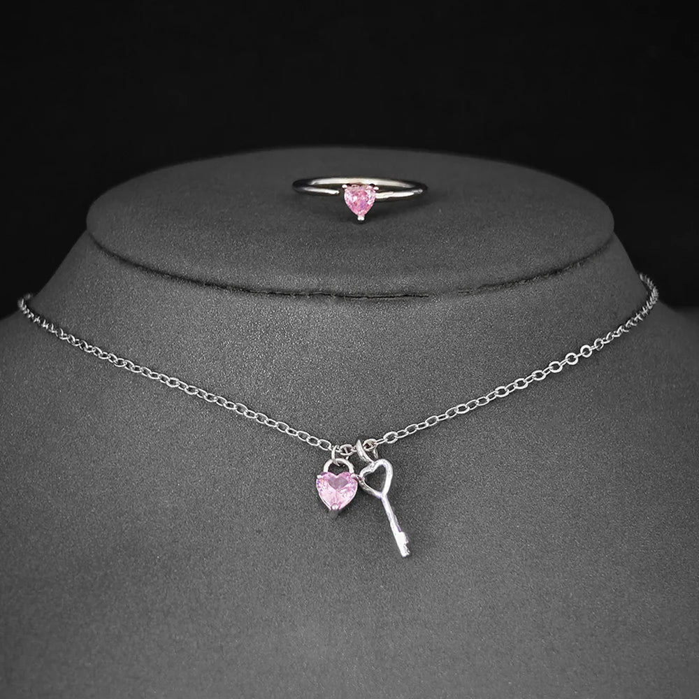 Pink Heart Necklace Set with Key Charm