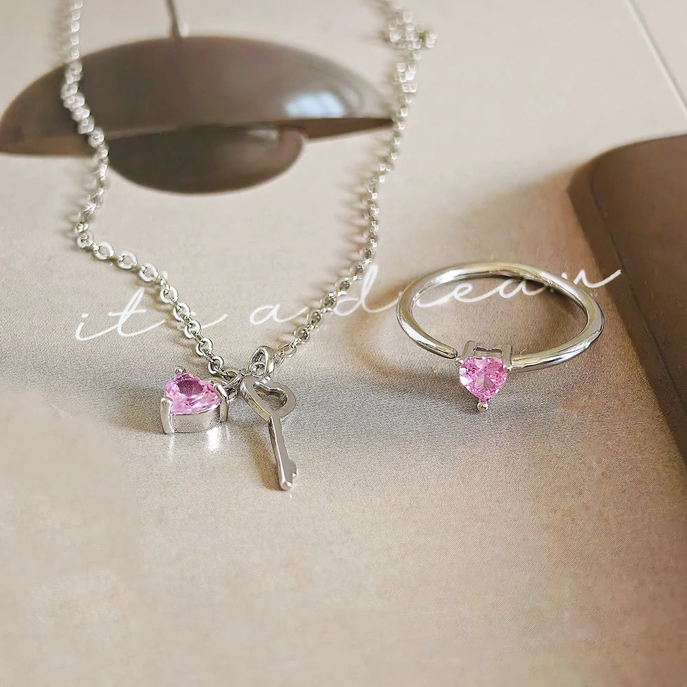 Pink Heart Necklace Set with Key Charm