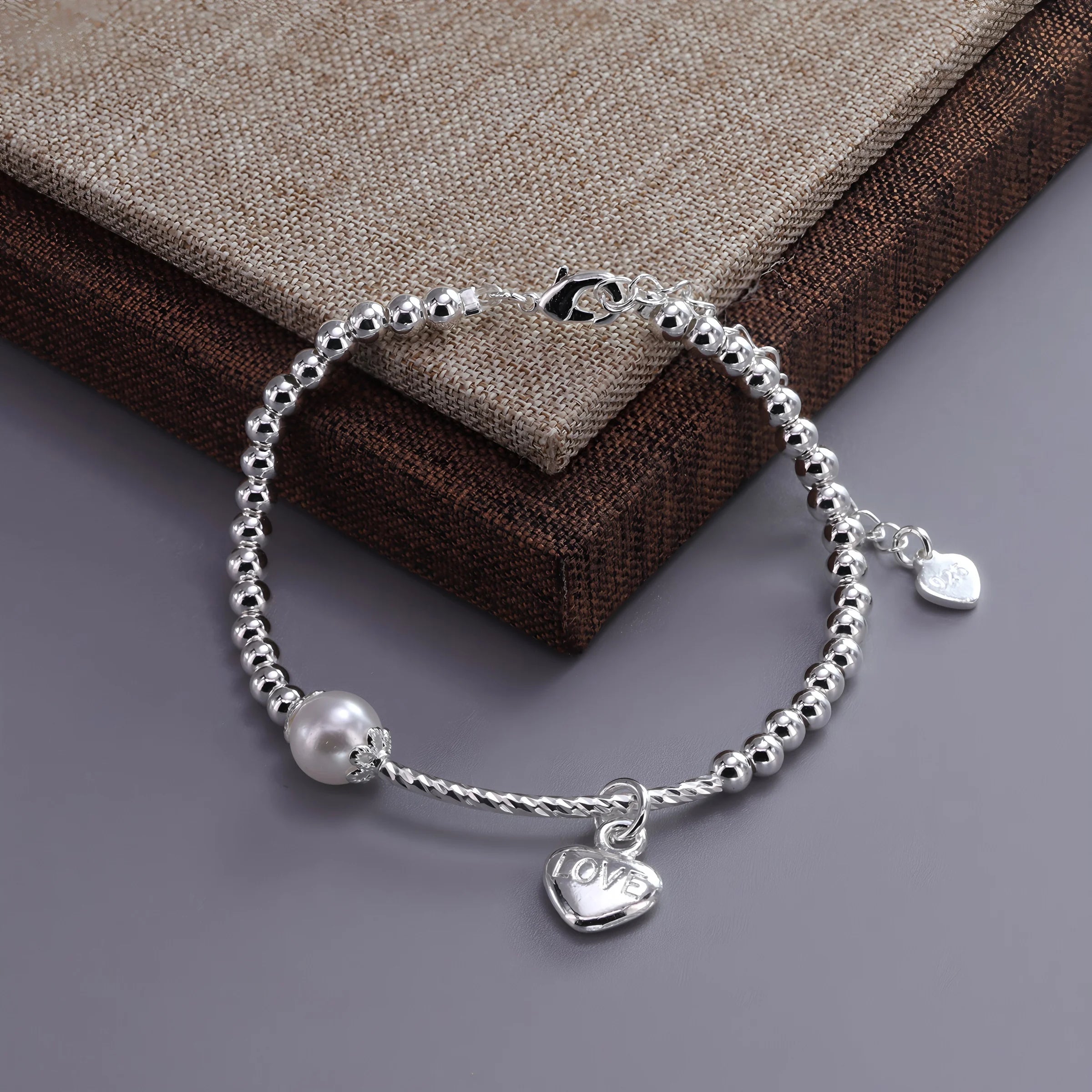 925 Sterling Silver Heart Bracelet with Zircon Beads