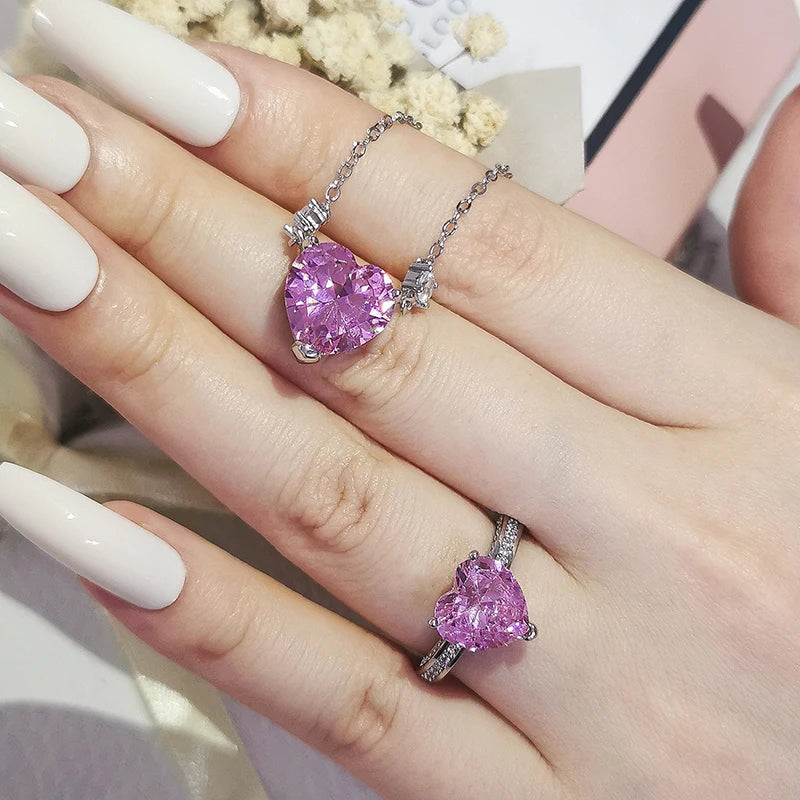 Dainty Heart Jewelry Set in Pink CZ, Ring and Necklace