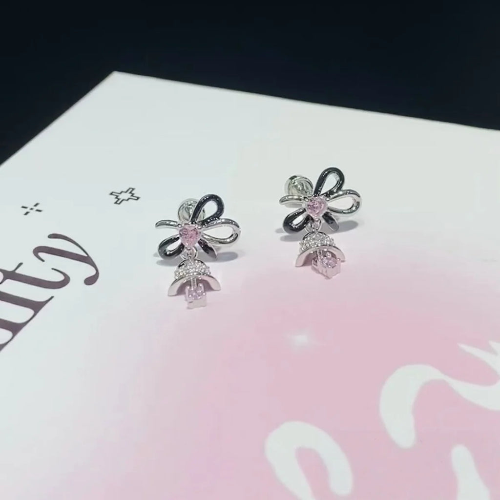 Pink Bow Stud Earrings with CZ Accents