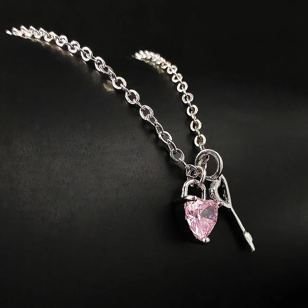 Pink Heart Necklace with Key Pendant