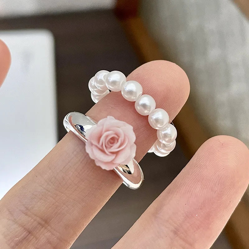Pearl Rose Ring, 3D Pink Flower Statement Ring