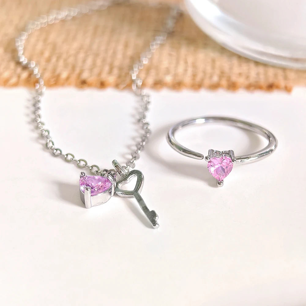 Pink Heart Necklace Set with Key Charm