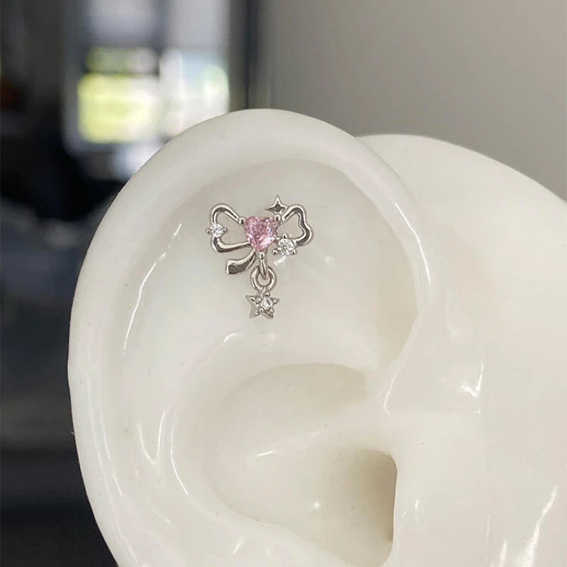 Cute Pink Stud Earrings, Rhinestone Cross Screw Back