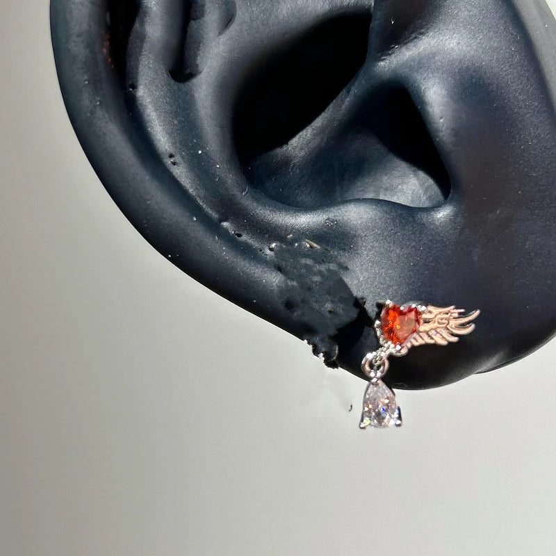 Red Heart Wing Stud Earrings (Screw-Back)