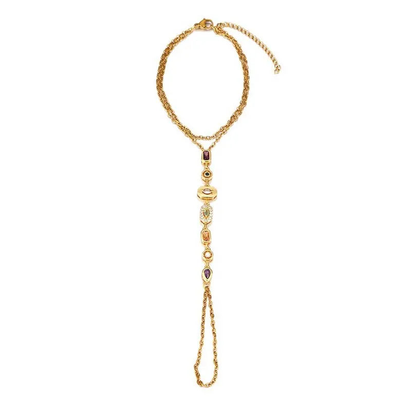 Colorful Crystal Hand Chain Bracelet in Gold Tone Stainless Steel