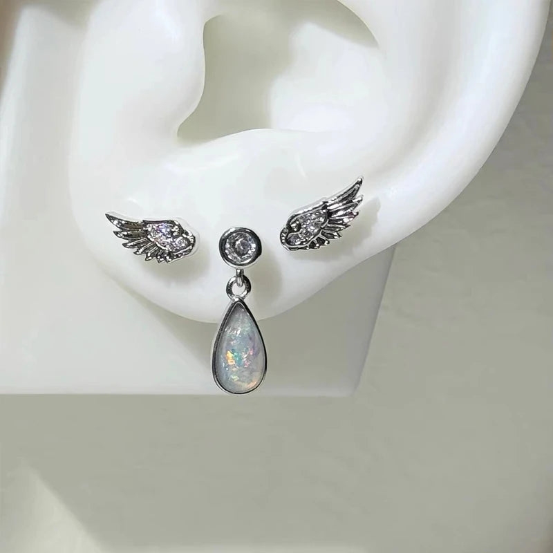 Angel Wing Earrings, Double Piercing Stud (Screw-Back)