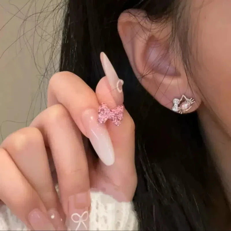 Pink Cat Cartilage Earring with Bow Stud