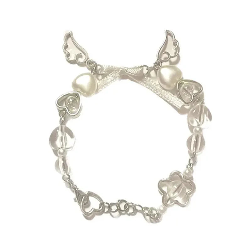 Coquette Bow Cuff Bracelet with White Heart Motif