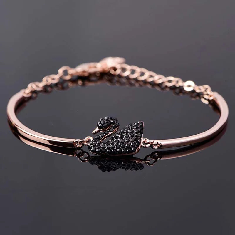 Gold Swan Charm Bangle with Zircon Accents