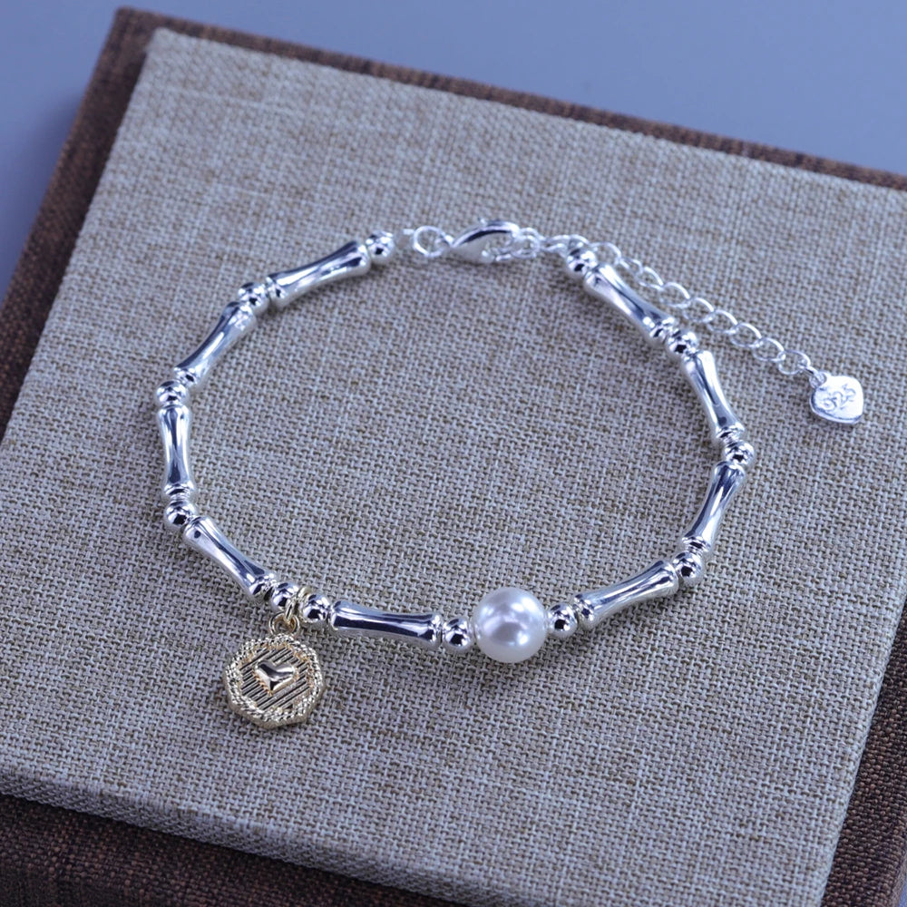 925 Sterling Silver Heart Bracelet with Zircon Beads