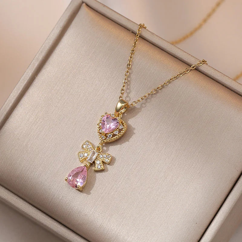 Bow Heart Necklace Pendant with Zircon and Stainless Steel Chain