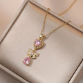 Bow Heart Necklace Pendant with Zircon and Stainless Steel Chain