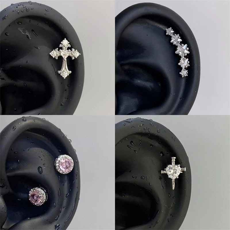 Y2K Cross CZ Cartilage Stud Earring (Silver Tone)