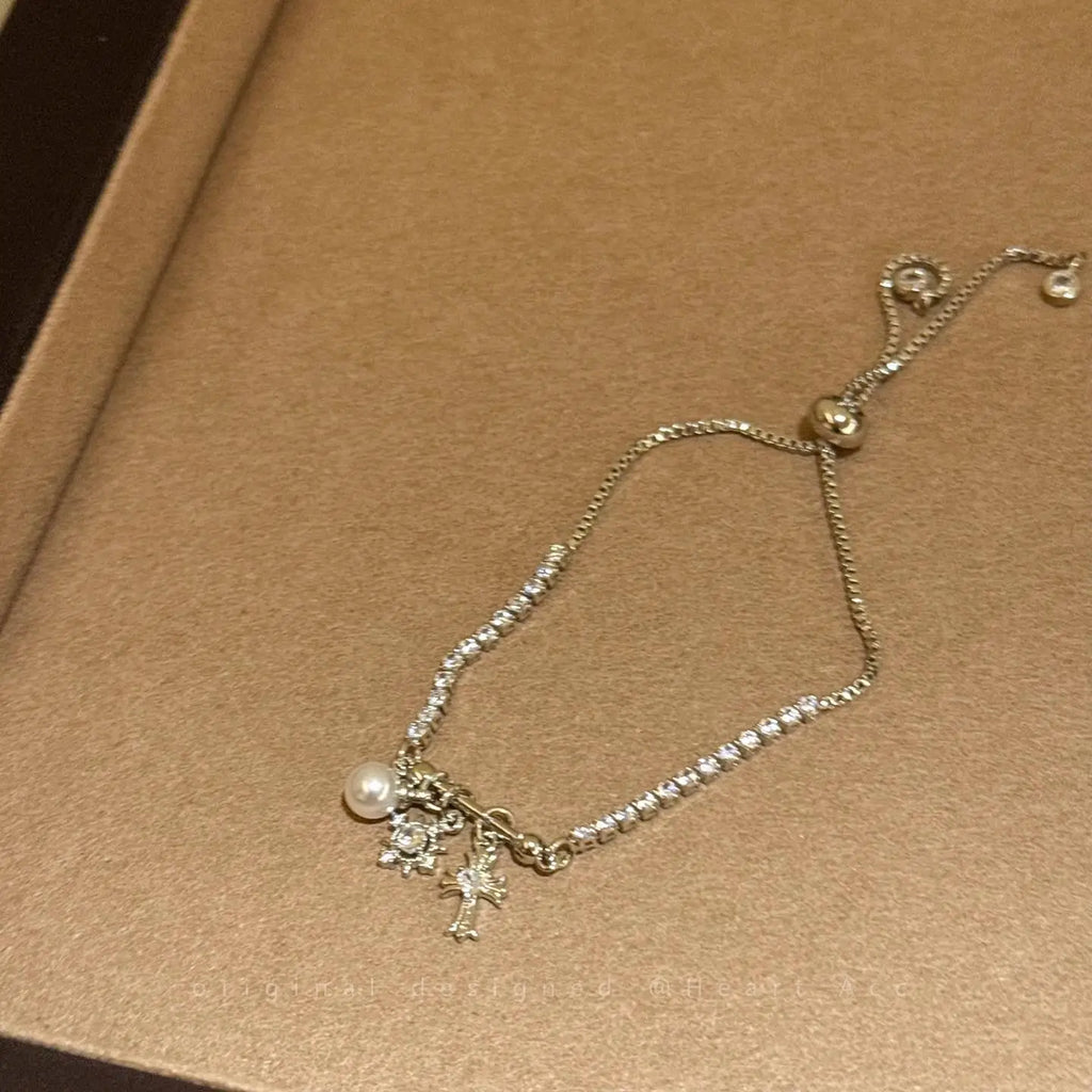 Pearl & Zircon Cross Charm Bracelet for Women