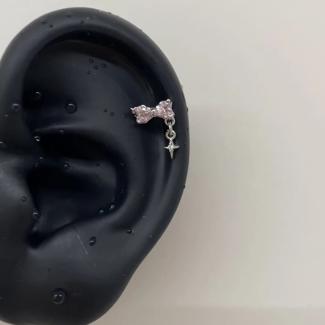Pink Bow Stud Earrings with CZ Accents
