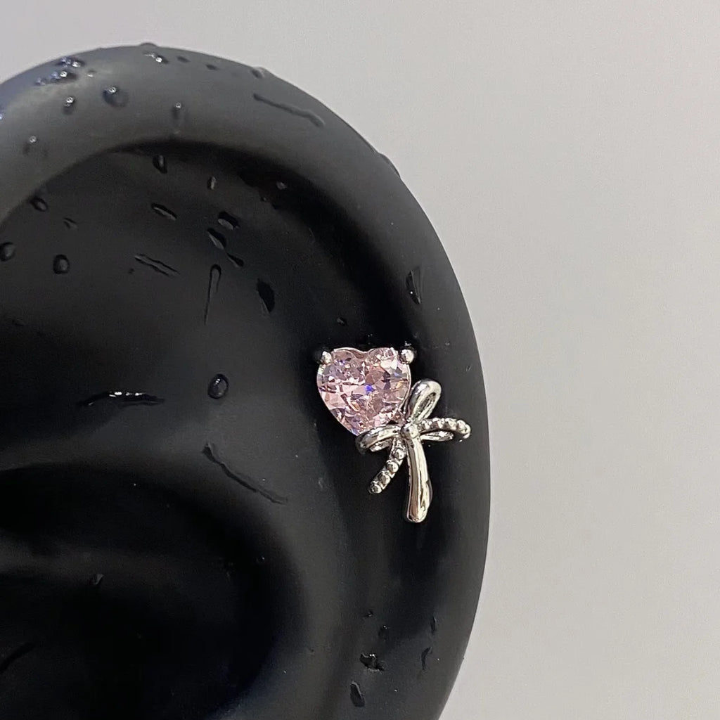 Pink Bow Stud Earrings with CZ Accents