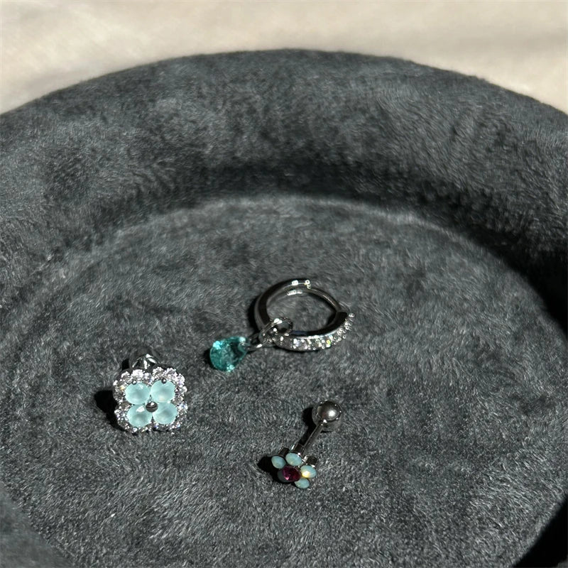 Green Clover Flower Stud Earrings in Stainless Steel