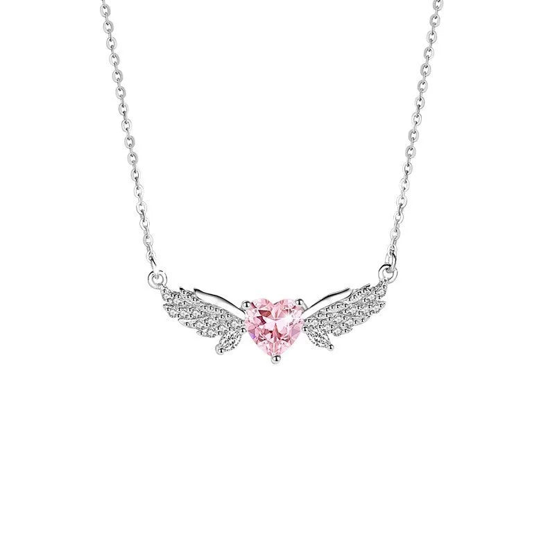 Pink Rhinestone Angel Wings Necklace Heart Pendant