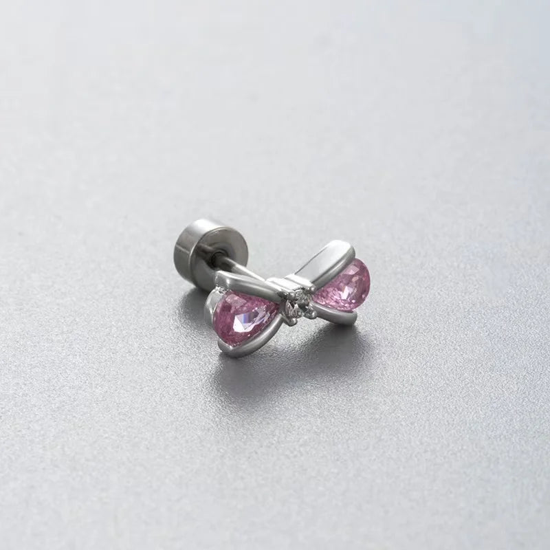 Pink Cat Cartilage Earring with Bow Stud