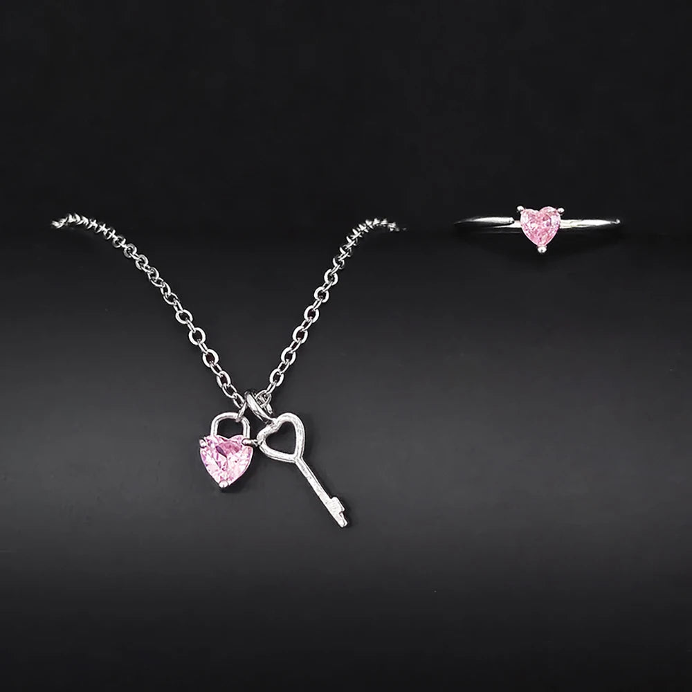 Pink Heart Necklace Set with Key Charm