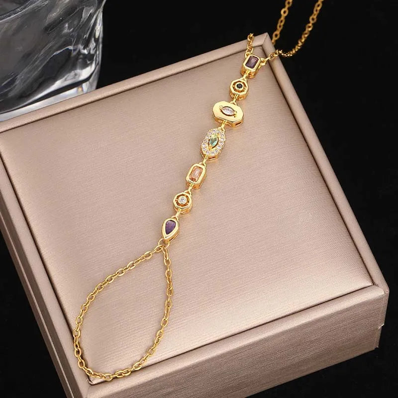 Colorful Crystal Hand Chain Bracelet in Gold Tone Stainless Steel