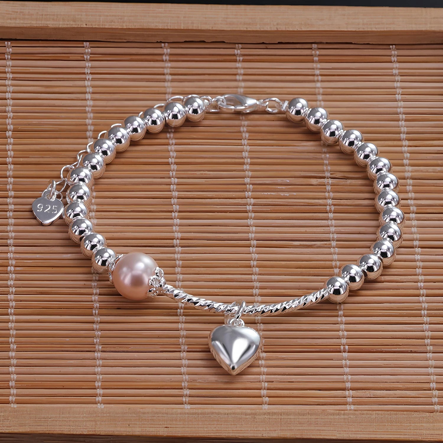 925 Sterling Silver Heart Bracelet with Zircon Beads