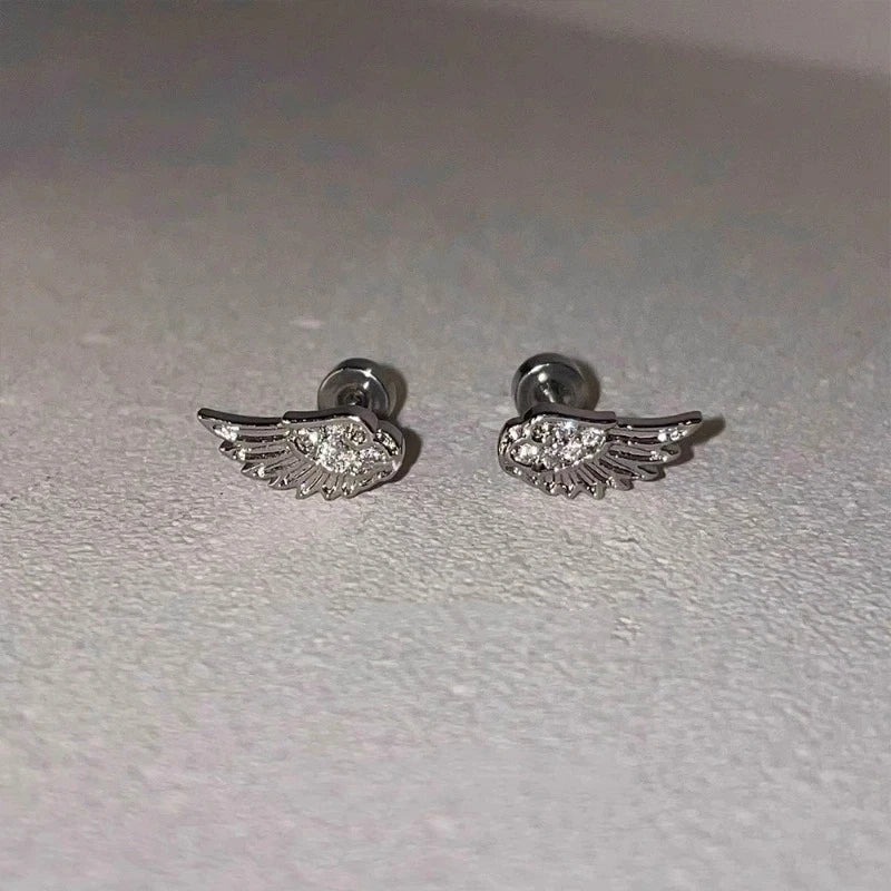 Angel Wing Earrings, Double Piercing Stud (Screw-Back)