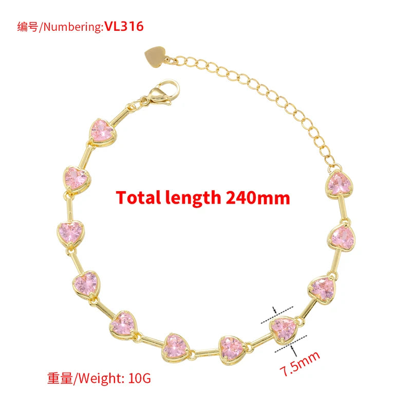 Pink Heart Necklace Set, CZ Stones, Gold Tone (Necklace + Bracelet)