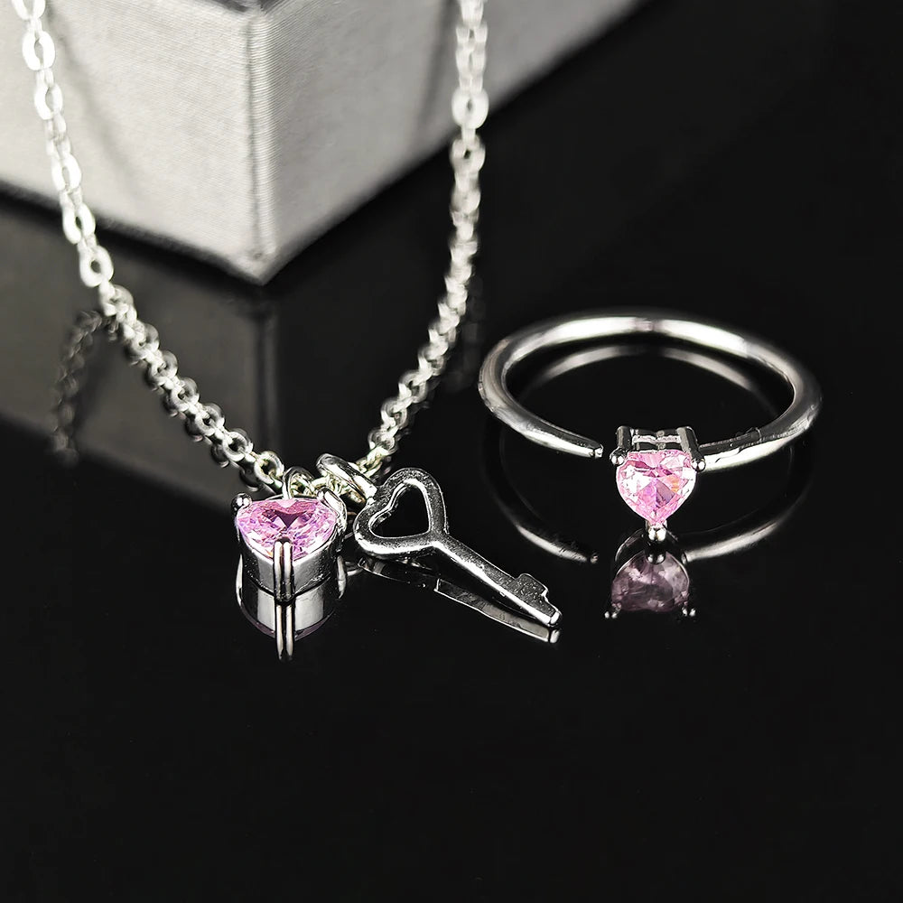 Pink Heart Necklace Set with Key Charm