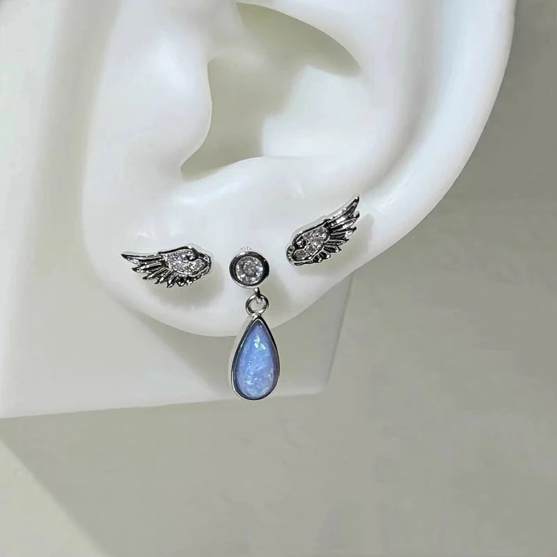 Angel Wing Earrings, Double Piercing Stud (Screw-Back)