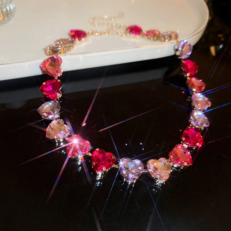 Pink Heart Crystal Dainty Choker Necklace